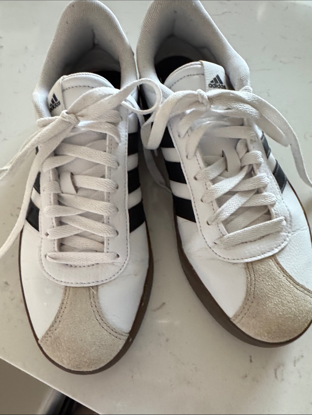 adidas White and Black Low-Top Sneakers with Tan Suede Toe